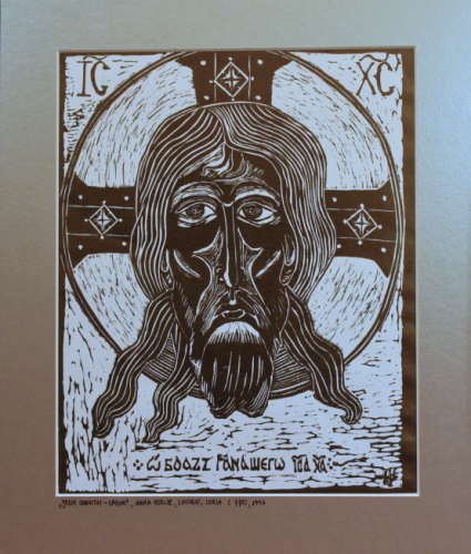 Grafika artystyczna na ścianę, Linoryt czarno-biały, praca sygnowana, Ikona Jezus Chrystus - całun, passe-partout srebrne.png