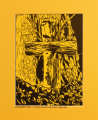 Grafika artystyczna na ścianę, Linoryt czarno-biały, praca sygnowana, Krzyż (niedaleko cerkwi w Uluczu), Seria A 20/30, passe-partout żółte.png