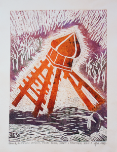 Grafika artystyczna na ścianę, Linoryt kolorowy sygnowany 21,0 x 30,0 cm - BANICA. POZOSTAŁOŚCI KAPLICY
