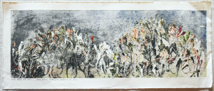 Grafika artystyczna na ścianę. Monotypia kolorowa sygnowana 25,0 x 70,0 cm - KIEDY BRAK JUŻ SŁÓW