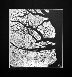 Grafika artystyczna na ścianę, Linoryt czarno-biały sygnowany 32,0 x 29,0 cm - STAROŚĆ