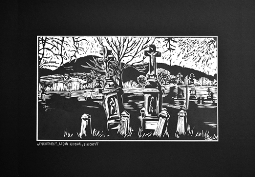 Grafika artystyczna na ścianę, Linoryt czarno-biały sygnowany 17,0 x 29,0 cm - Cmentarz, passe-partout czarne.png