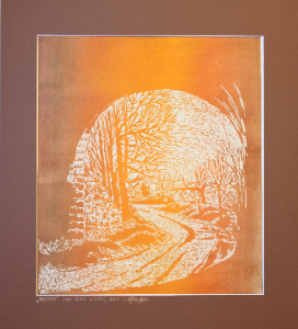 Grafika artystyczna na ścianę, Linoryt kolorowy sygnowany 34,5 x 30,0 cm - PRZEJŚCIE