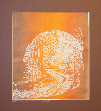 Grafika artystyczna na ścianę, Linoryt kolorowy sygnowany 34,5 x 30,0 cm - Przejście, passe-partout brązowe.png