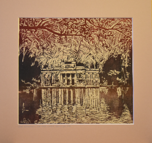 Grafika artystyczna na ścianę, Linoryt kolorowy sygnowany 27,5 x 29,5 cm - PAŁAC ŁAZIENKOWSKI