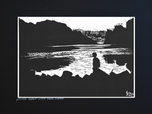 Grafika artystyczna na ścianę, Linoryt czarno-biały sygnowany 20,5 x 29,5 cm - ZACHÓD SŁOŃCA