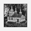 Grafika artystyczna na ścianę, Linoryt czarno-biały sygnowany 30,0 x 29,5 cm - Wawrzka. Cerkiew p.w. Matki Bożej, passe-partout  białe.png