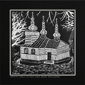 Grafika artystyczna na ścianę, Linoryt czarno-biały sygnowany 29,5 x 29,5 cm - WAWRZKA. CERKIEW P.W. MATKI BOŻEJ