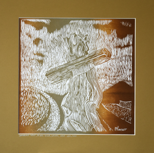 Grafika artystyczna na ścianę, Linoryt kolorowy sygnowany 29,5 x 29,5 cm - ZAPOMNIANY KRZYŻ