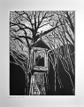 Grafika artystyczna na ścianę, Linoryt czarno-biały sygnowany 35,5 x 27,5 cm - Kapliczka, passe-partout białe.png