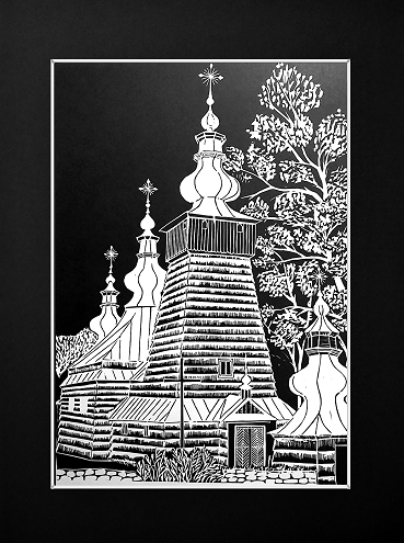 Grafika artystyczna na ścianę, Linoryt czarno-biały sygnowany 29,5 x 21,0 cm - Berest. Cerkiew p.w. śś. Kosmy i Damiana, passe-partout czarne.png