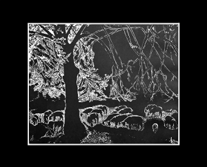 Grafika artystyczna na ścianę, Linoryt czarno-biały sygnowany 27,0 x 33,5 cm - WYPAS OWIEC