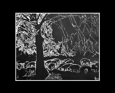 Grafika artystyczna na ścianę, Linoryt czarno-biały sygnowany 27,0 x 34,0 cm - Wypas owiec, passe-partout czarne.png
