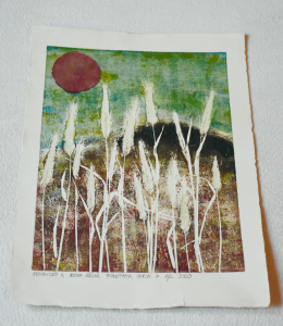 Grafika artystyczna na ścianę. Monotypia kolorowa sygnowana 29,0 x 20,5 cm - KŁOSOWISKO II