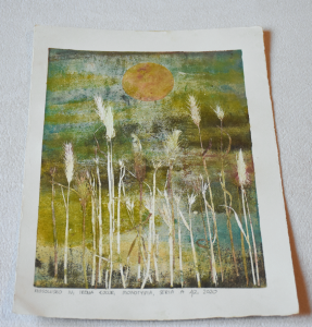 Grafika artystyczna na ścianę. Monotypia kolorowa sygnowana 29,0 x 20,5 cm - KŁOSOWISKO IV
