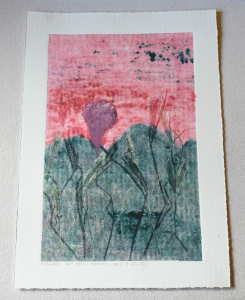 Grafika artystyczna na ścianę, Monotypia, kolor, sygnowana 40,0 x 25,0 cm - O ZACHODZIE