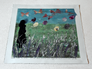 Grafika artystyczna na ścianę. Technika mieszana, kolorowa, sygnowana 33,0 x 33,0 cm - MARZENIA ULOTNE JAK MOTYLE Z CYKLU MOIM CÓRKOM