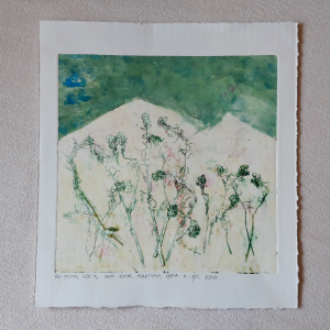 Grafika artystyczna na ścianę, Monotypia, kolor, sygnowana 25,5 x 25,5 cm - POD OSŁONĄ GÓR III