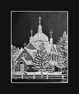 Grafika artystyczna na ścianę, Linoryt czarno-biały sygnowany 29,5 x 23,5 cm - GŁADYSZÓW. CERKIEW P.W. WNIEBOWSTĄPIENIA PAŃSKIEGO