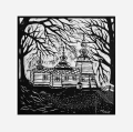 Grafika artystyczna na ścianę, Linoryt czarno-biały sygnowany 30,0 x 29,5 cm - Tylicz. Cerkiew p.w. śś. Kosmy i Damiana, passe-partout białe.png