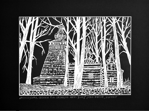 Grafika artystyczna na ścianę, Linoryt czarno-biały sygnowany 20,5 x 29,5 cm - Andrzejówka. Cerkiew p.w. Zaśnięcia Matki Bożej, passe-partout czarne.png