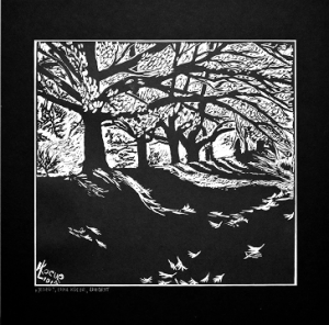 Grafika artystyczna na ścianę, Linoryt czarno-biały sygnowany 29,5 x 31,5 cm - JESIEŃ