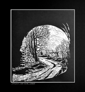 Grafika artystyczna na ścianę, Linoryt czarno-biały sygnowany 34,5 x 30,0 cm - PRZEJŚCIE