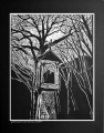 Grafika artystyczna na ścianę, Linoryt czarno-biały sygnowany 35,5 x 27,5 cm - Kapliczka, passe-partout czarne.png