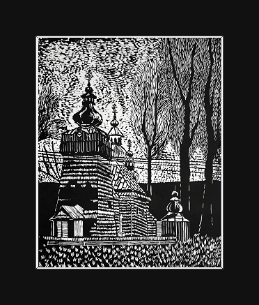 Grafika artystyczna na ścianę, Linoryt czarno-biały sygnowany 29,5 x 23,5 cm - Hańczowa. Cerkiew P. W. Opieki Matki Bożej, passe-partout czarne.png