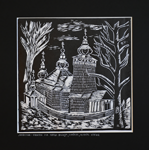 Grafika artystyczna na ścianę, Linoryt czarno-biały sygnowany 29,5 x 29,5 cm - HAŃCZOWA. CERKIEW P.W. MATKI BOŻEJ