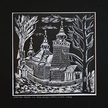 Grafika artystyczna na ścianę, Linoryt czarno-biały sygnowany 30,0 x 29,5 cm - Hańczowa. Cerkiew p.w. Matki Bożej, passe-partout czarne.png